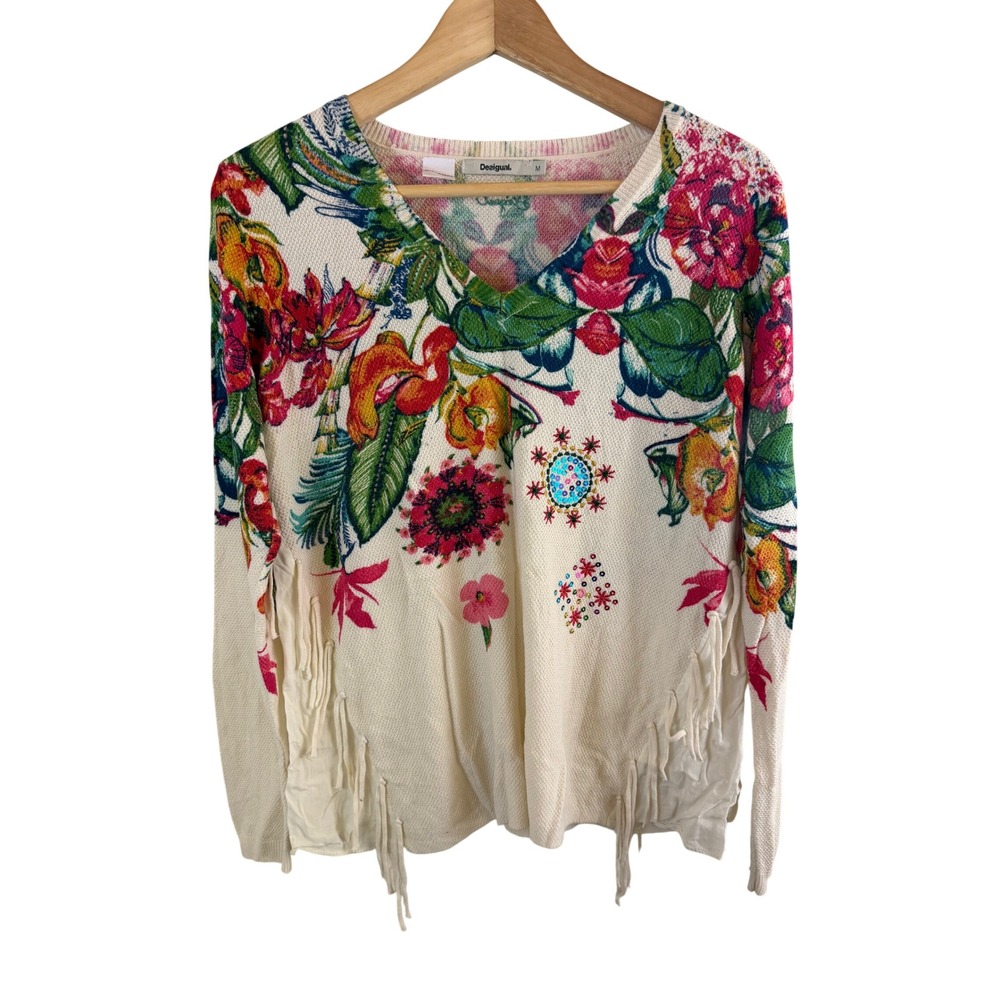 Desigual Floral V-Neck Sweater Womens Size M Cream Fringe Embellished